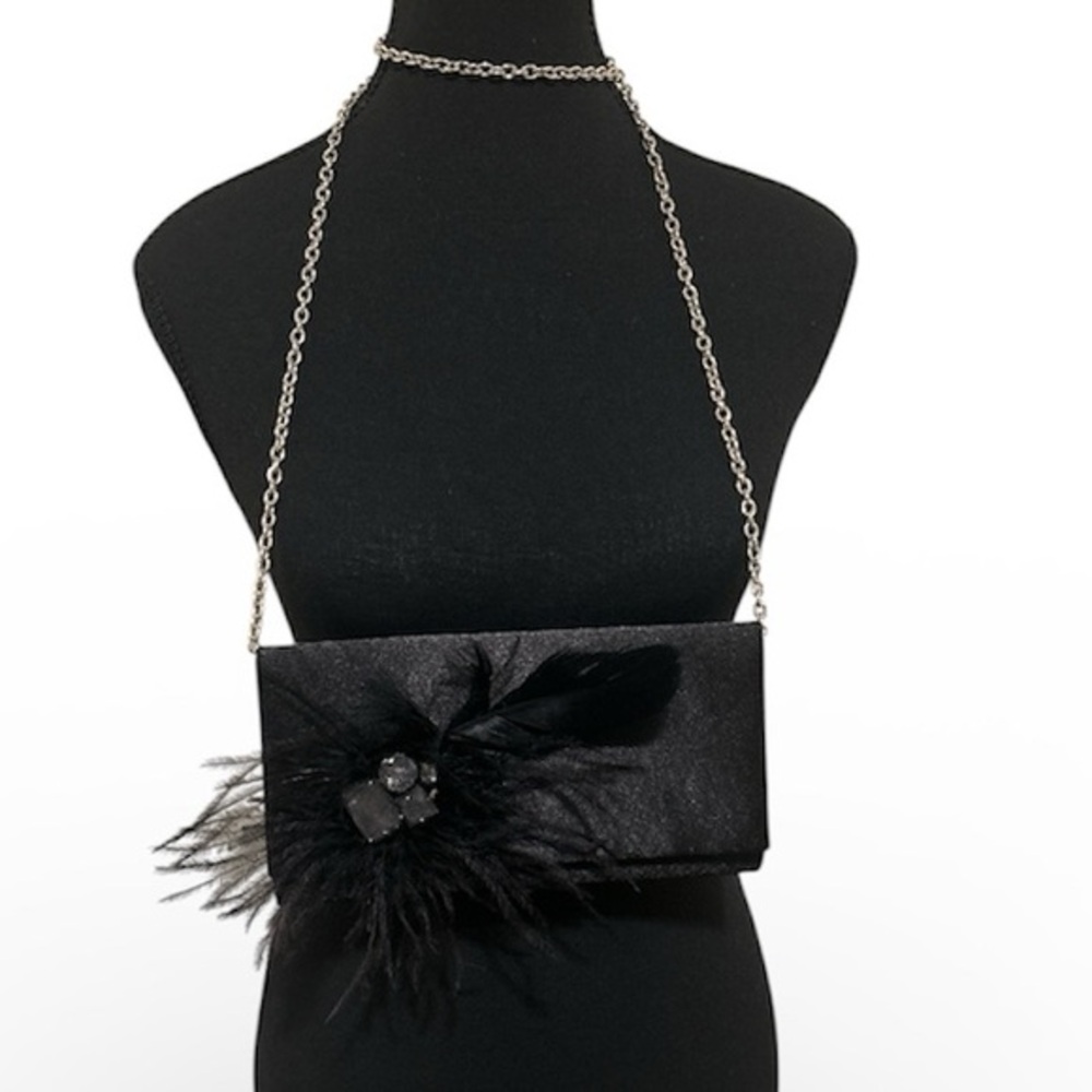 Le Jou Jou Black Feathered Evening Bag/Clutch with Rhinestone Detailing - NWOT